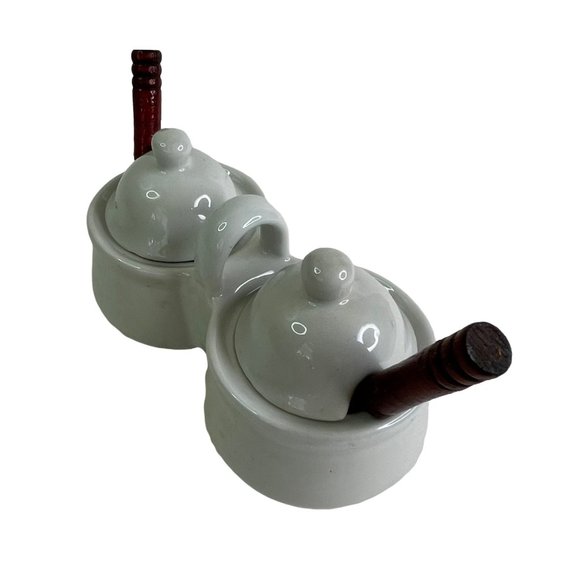 Double Condiment Cup Ceramic Jelly Jam Relish Server with Spoons - Picture 6 of 8